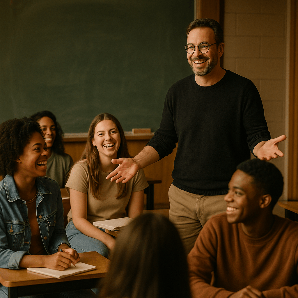 Image of an instructor, in a classroom, smiling, and in the middle of smiling students sitting at desks, some with notebooks.